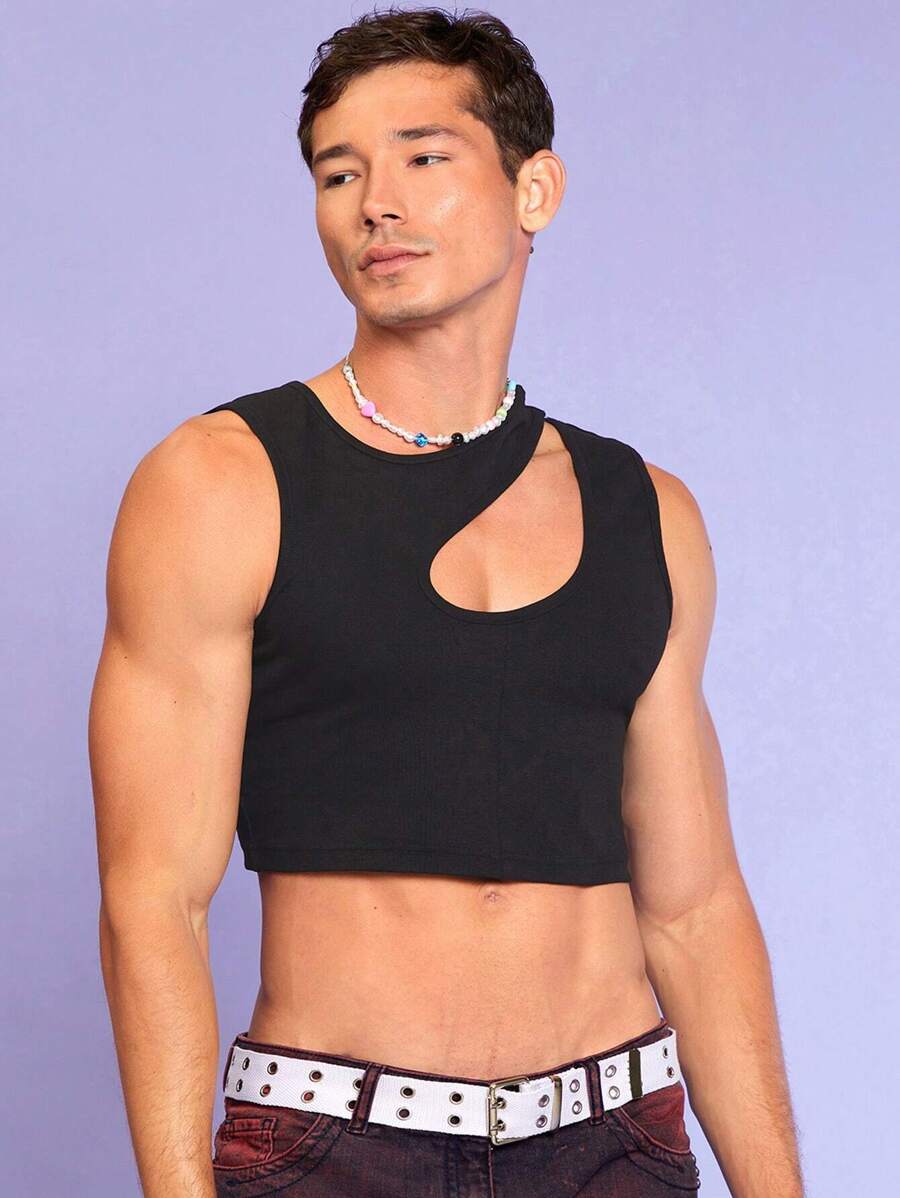 RueChic Men Cut Out Crop Tank Top - Black - View 1