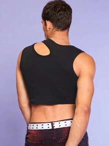 RueChic Men Cut Out Crop Tank Top - Black - View 2