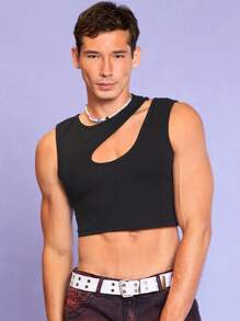 RueChic Men Cut Out Crop Tank Top - Black - View 3