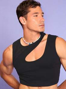 RueChic Men Cut Out Crop Tank Top - Black - View 4