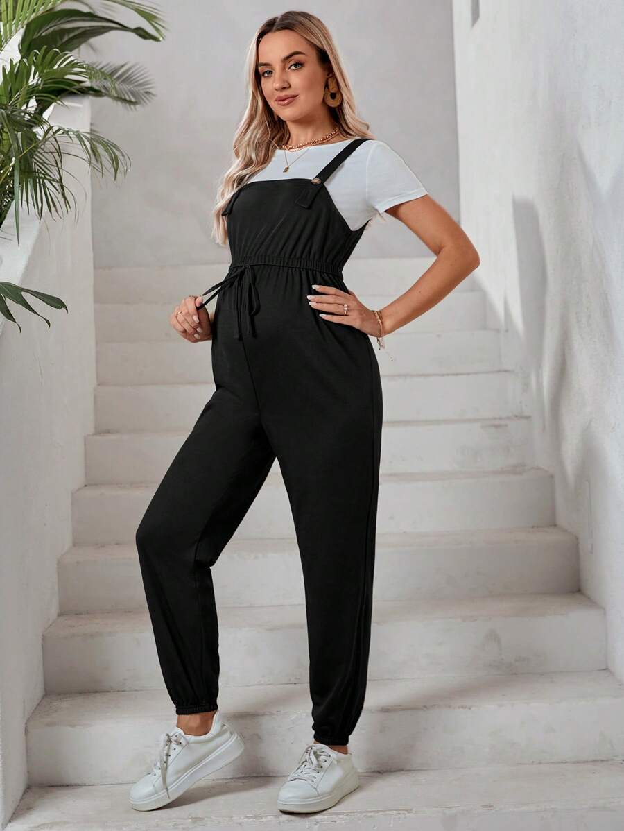 SHEIN Maternity Knot Waist Overall Jumpsuit Without Tee - Black - View 1