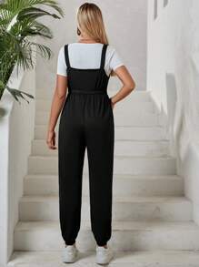 SHEIN Maternity Knot Waist Overall Jumpsuit Without Tee - Black - View 2