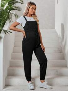 SHEIN Maternity Knot Waist Overall Jumpsuit Without Tee - Black - View 4