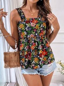 SHEIN VCAY Top con estampado floral bajo con fruncido correa ancha - Multicolor - Ver 3