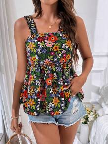 SHEIN VCAY Top con estampado floral bajo con fruncido correa ancha - Multicolor - Ver 1