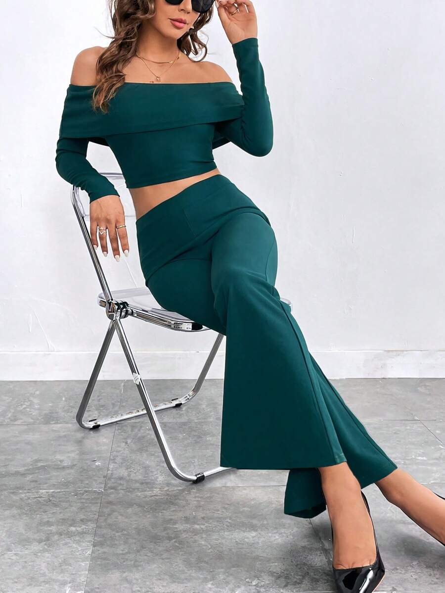 SHEIN Privé Off Shoulder Top Cây trồng & Quần ống loe - Màu xanh lá cây đậm - Xem 1