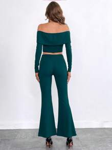 SHEIN Privé Off Shoulder Top Cây trồng & Quần ống loe - Màu xanh lá cây đậm - Xem 2