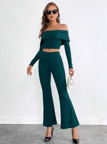 SHEIN Privé Off Shoulder Top Cây trồng & Quần ống loe - Màu xanh lá cây đậm - Xem 3
