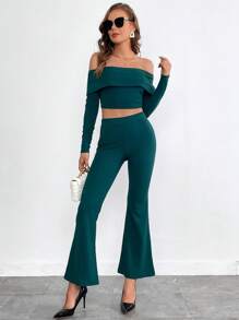 SHEIN Privé Off Shoulder Top Cây trồng & Quần ống loe - Màu xanh lá cây đậm - Xem 6