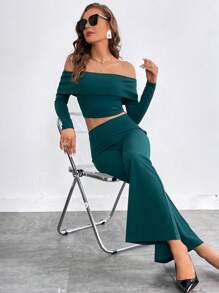 SHEIN Privé Off Shoulder Top Cây trồng & Quần ống loe - Màu xanh lá cây đậm - Xem 5