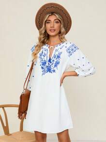 SHEIN VCAY In hoa Cà vạt Tay áo lồng đèn Đầm - trắng - Xem 1