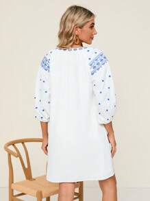 SHEIN VCAY In hoa Cà vạt Tay áo lồng đèn Đầm - trắng - Xem 2