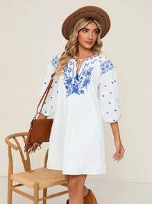 SHEIN VCAY In hoa Cà vạt Tay áo lồng đèn Đầm - trắng - Xem 3