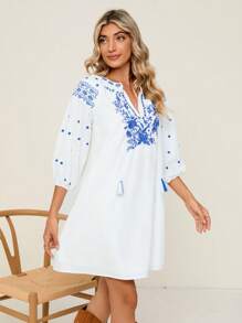 SHEIN VCAY In hoa Cà vạt Tay áo lồng đèn Đầm - trắng - Xem 5