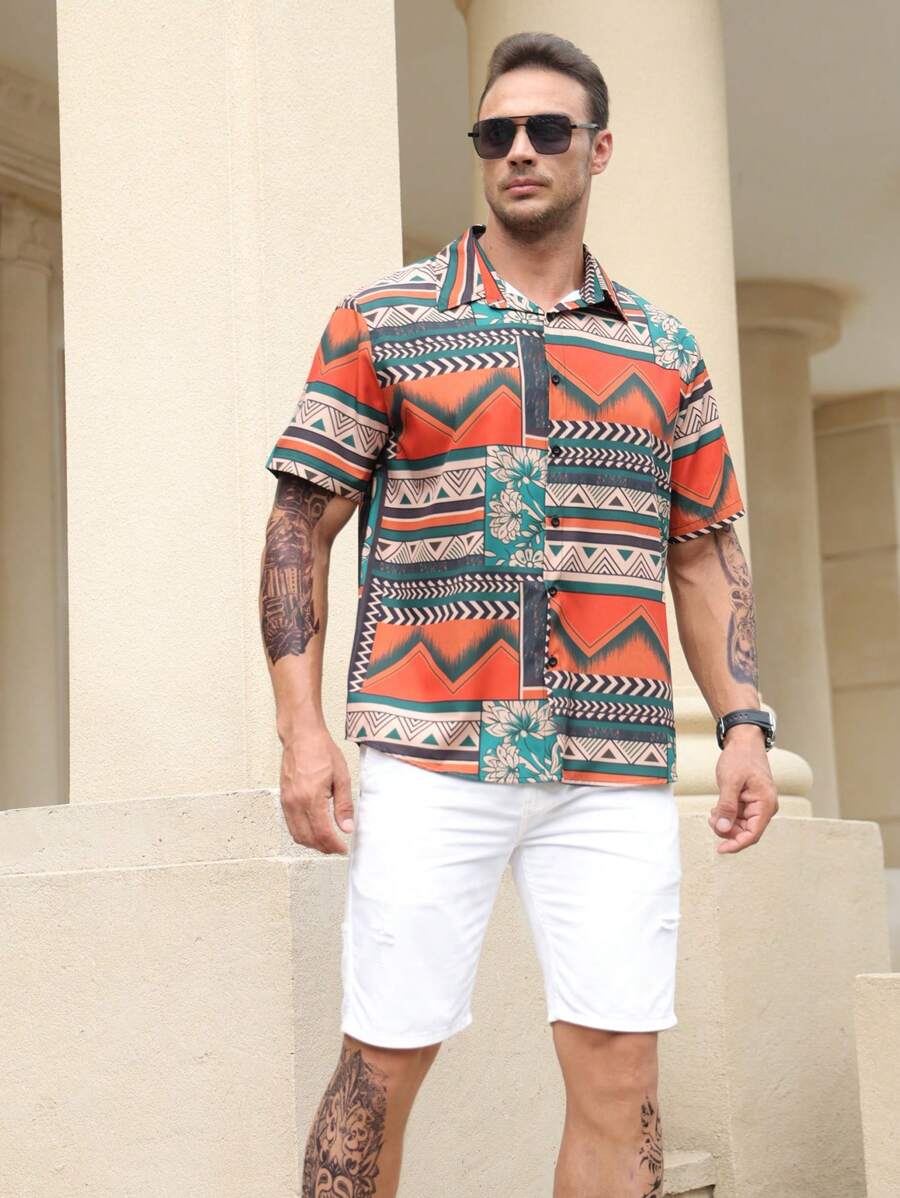 Manfinity Homme Hombres talla grande Camisa con estampado geométrico - Multicolor - Ver 1