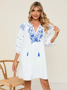 SHEIN VCAY In hoa Cà vạt Tay áo lồng đèn Đầm - trắng - Xem 7