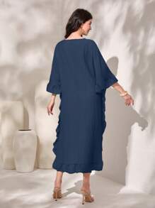 Al Najma Flare Sleeve Ruffle Trim Dress - Navy Blue - View 2