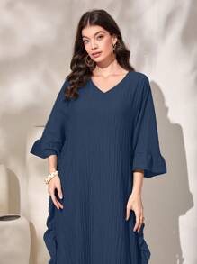 Al Najma Flare Sleeve Ruffle Trim Dress - Navy Blue - View 4