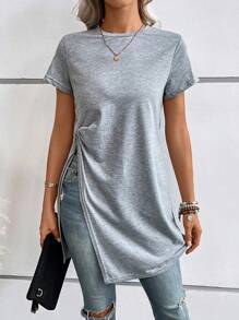 SHEIN LUNE Chất rắn Viền chia cắt Áo thun - Xám - Xem 1