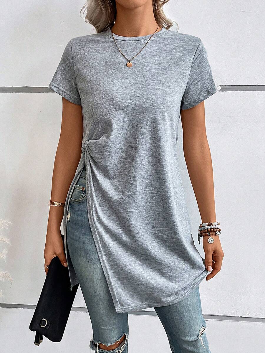 SHEIN LUNE Chất rắn Viền chia cắt Áo thun - Xám - Xem 1