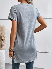 SHEIN LUNE Chất rắn Viền chia cắt Áo thun - Xám - Xem 2