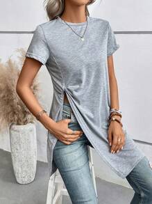 SHEIN LUNE Chất rắn Viền chia cắt Áo thun - Xám - Xem 4