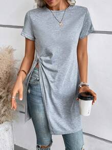SHEIN LUNE Chất rắn Viền chia cắt Áo thun - Xám - Xem 5