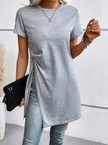 SHEIN LUNE Chất rắn Viền chia cắt Áo thun - Xám - Xem 6