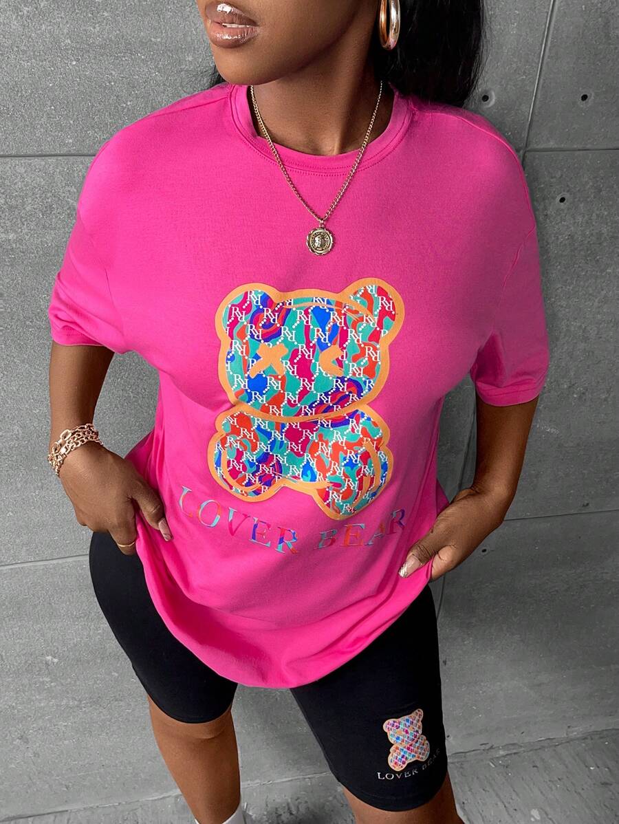 Slaydiva 熊和字母圖案落肩T恤和騎行褲