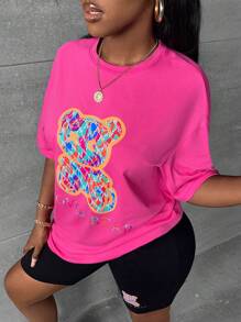 Slaydiva 熊和字母圖案落肩T恤和騎行褲