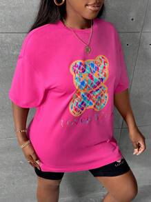 Slaydiva 熊和字母圖案落肩T恤和騎行褲