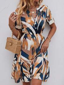 SHEIN LUNE Allover Print Ruffle Hem Dress - Yellow - View 5