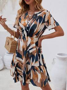 SHEIN LUNE Allover Print Ruffle Hem Dress - Yellow - View 6