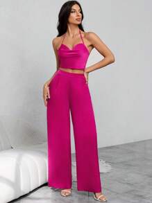 GENKIRA Vắt Không lưng Áo hai dây & Quần ống rộng - Màu Hồng Tươi - Xem 4