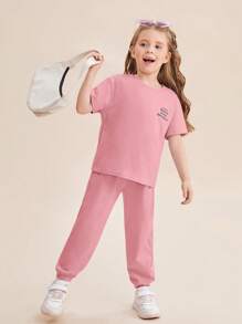 SHEIN Cô Gái Trẻ Đồ họa Khẩu hiệu Áo thun Thả vai & Quần nỉ - Bụi hồng - Xem 1