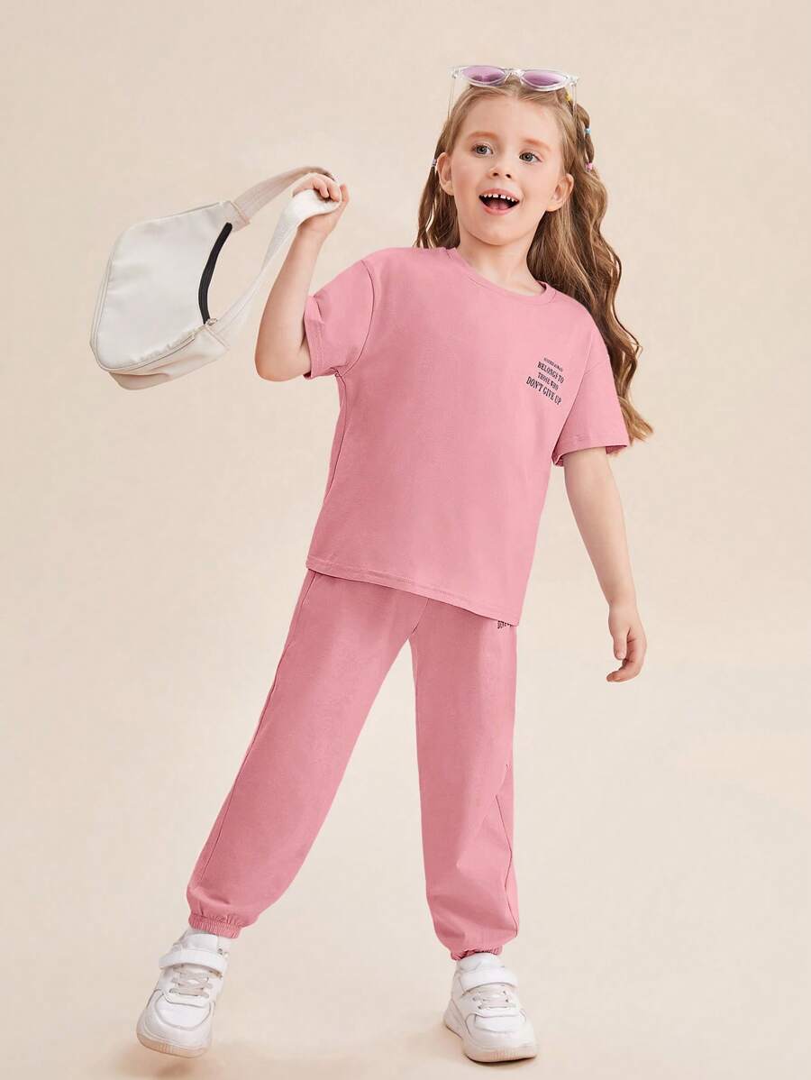 SHEIN Cô Gái Trẻ Đồ họa Khẩu hiệu Áo thun Thả vai & Quần nỉ - Bụi hồng - Xem 1