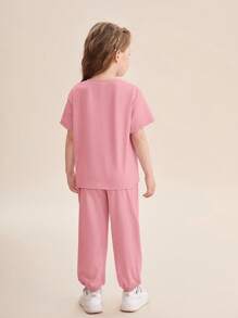 SHEIN Cô Gái Trẻ Đồ họa Khẩu hiệu Áo thun Thả vai & Quần nỉ - Bụi hồng - Xem 2