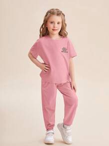 SHEIN Cô Gái Trẻ Đồ họa Khẩu hiệu Áo thun Thả vai & Quần nỉ - Bụi hồng - Xem 3