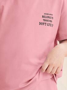 SHEIN Cô Gái Trẻ Đồ họa Khẩu hiệu Áo thun Thả vai & Quần nỉ - Bụi hồng - Xem 4