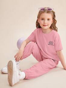 SHEIN Cô Gái Trẻ Đồ họa Khẩu hiệu Áo thun Thả vai & Quần nỉ - Bụi hồng - Xem 5