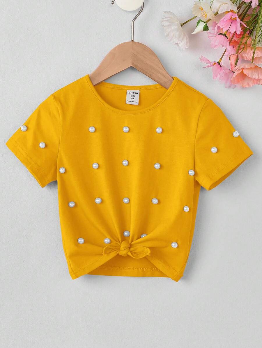 SHEIN Young Girl Plain Color Casual Short Sleeve T-Shirt With Pearl Decor Hem Knot