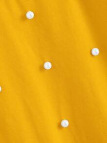 SHEIN Young Girl Plain Color Casual Short Sleeve T-Shirt With Pearl Decor Hem Knot