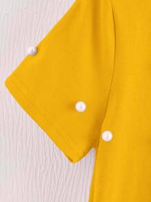 SHEIN Young Girl Plain Color Casual Short Sleeve T-Shirt With Pearl Decor Hem Knot