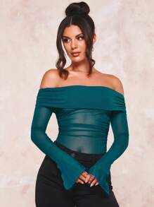 SHEIN BAE 一字肩褶邊網紗上衣 - 墨綠色 - 查看 1