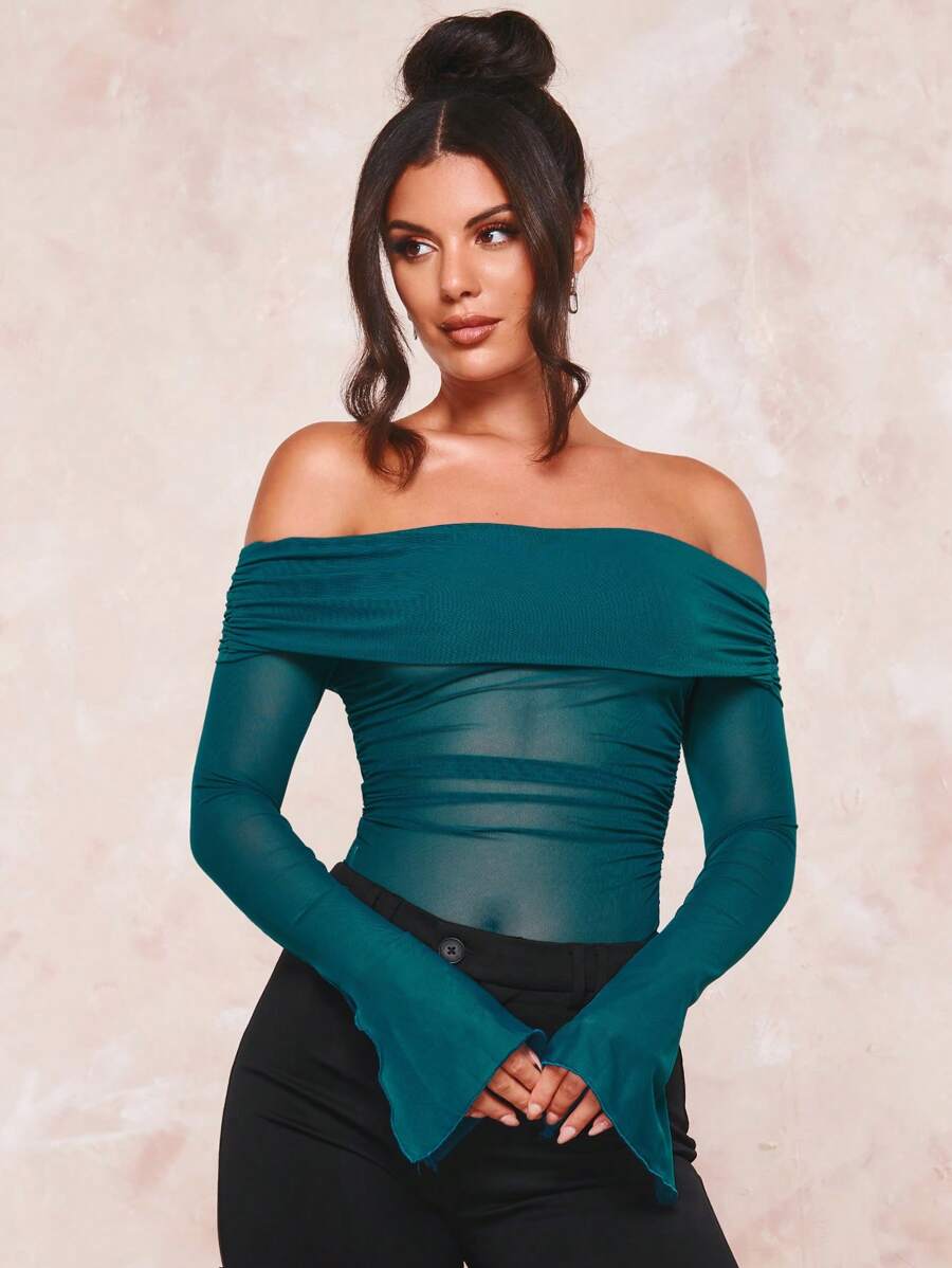 SHEIN BAE 一字肩褶邊網紗上衣 - 墨綠色 - 查看 1