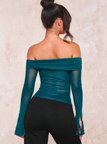 SHEIN BAE 一字肩褶邊網紗上衣 - 墨綠色 - 查看 2