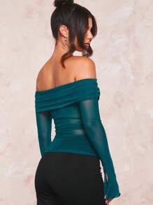 SHEIN BAE 一字肩褶邊網紗上衣 - 墨綠色 - 查看 4