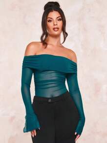 SHEIN BAE 一字肩褶邊網紗上衣 - 墨綠色 - 查看 5