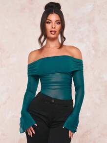 SHEIN BAE 一字肩褶邊網紗上衣 - 墨綠色 - 查看 6