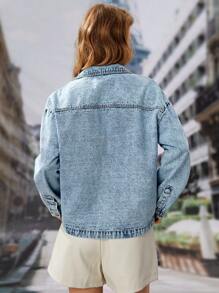 SHEIN Frenchy Drop Shoulder Button Front Denim Jacket - Light Wash - View 2
